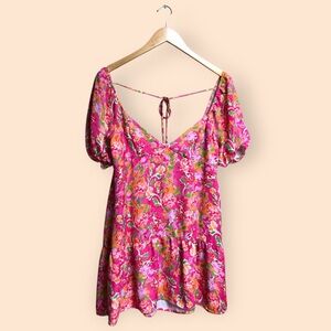 RESA Revolve Colorful Pink Floral Mini Dress Summer Puff Sleeve Women Size XS